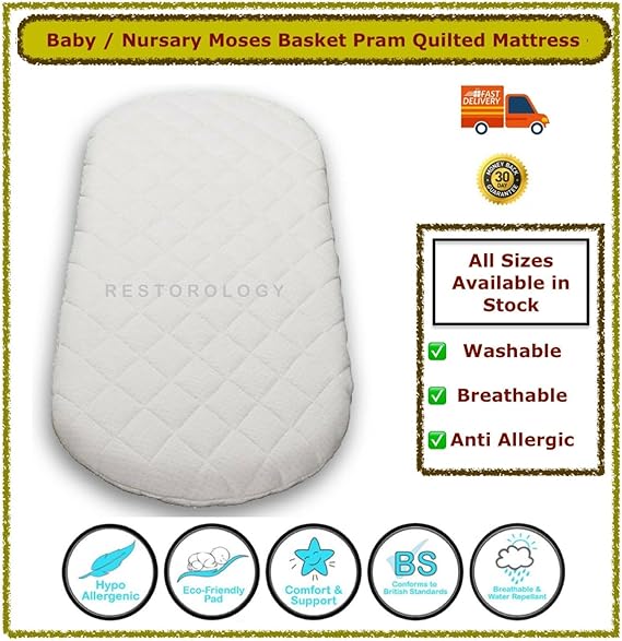 Baby Moses Basket Mattress Extra Thick Super Soft Oval Shaped Double Sided Hypoallergenic Mattress Fits Mamas Papas Mother care With Removeable