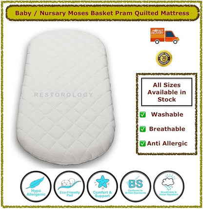 Baby Moses Basket Mattress, Extra Thick Super Soft Oval Shaped Double Sided Hypoallergenic Mattress Fits Mamas & Papas Mother care With Removeable Quilted Cover (76 x 40 x 4 cm)