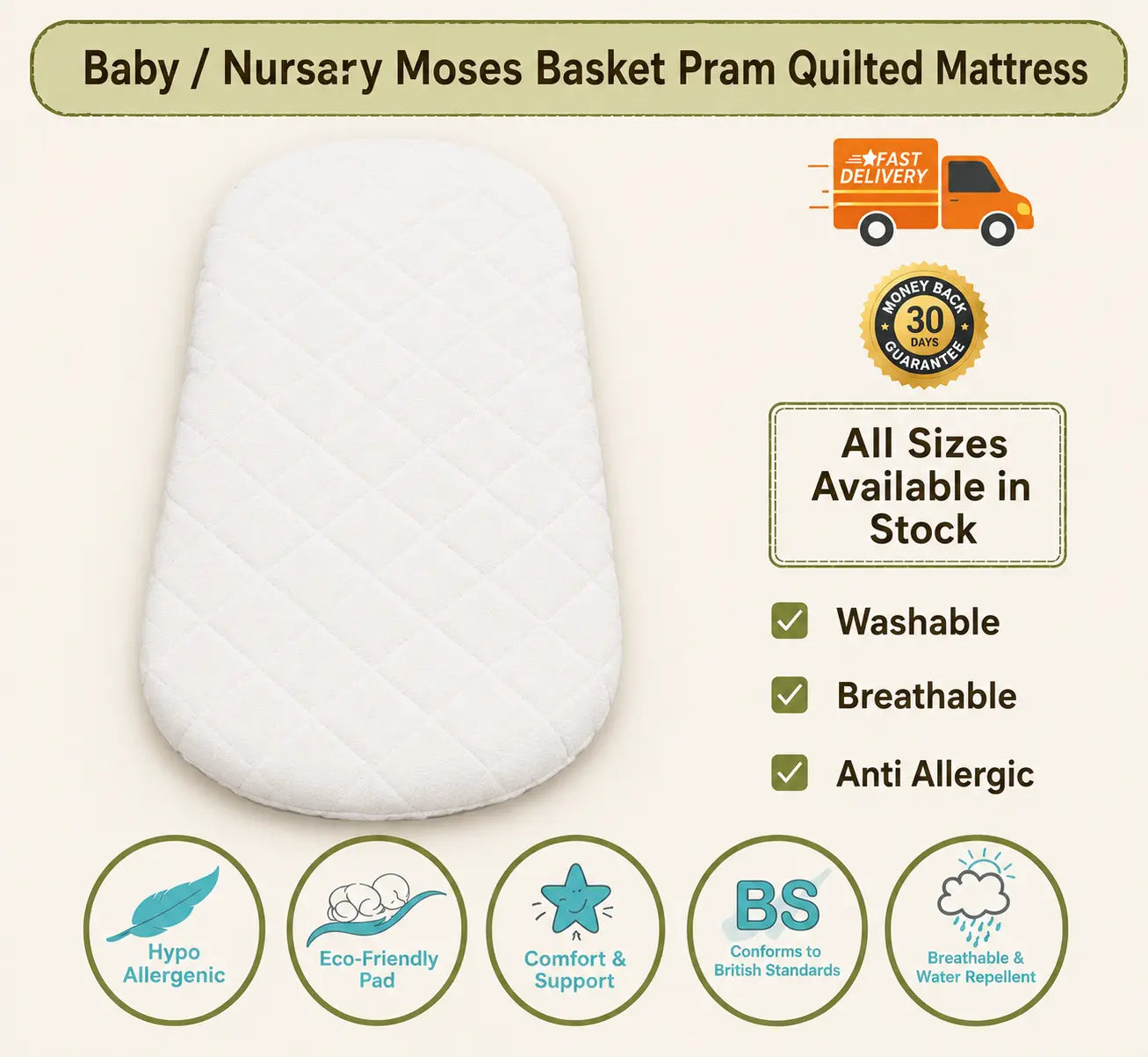 Baby Moses Basket Mattress - Extra Thick, Super Soft, Oval Shaped, Double Sided, Hypoallergenic with Removable Quilted Cover - Made in UK (Available in All Sizes)