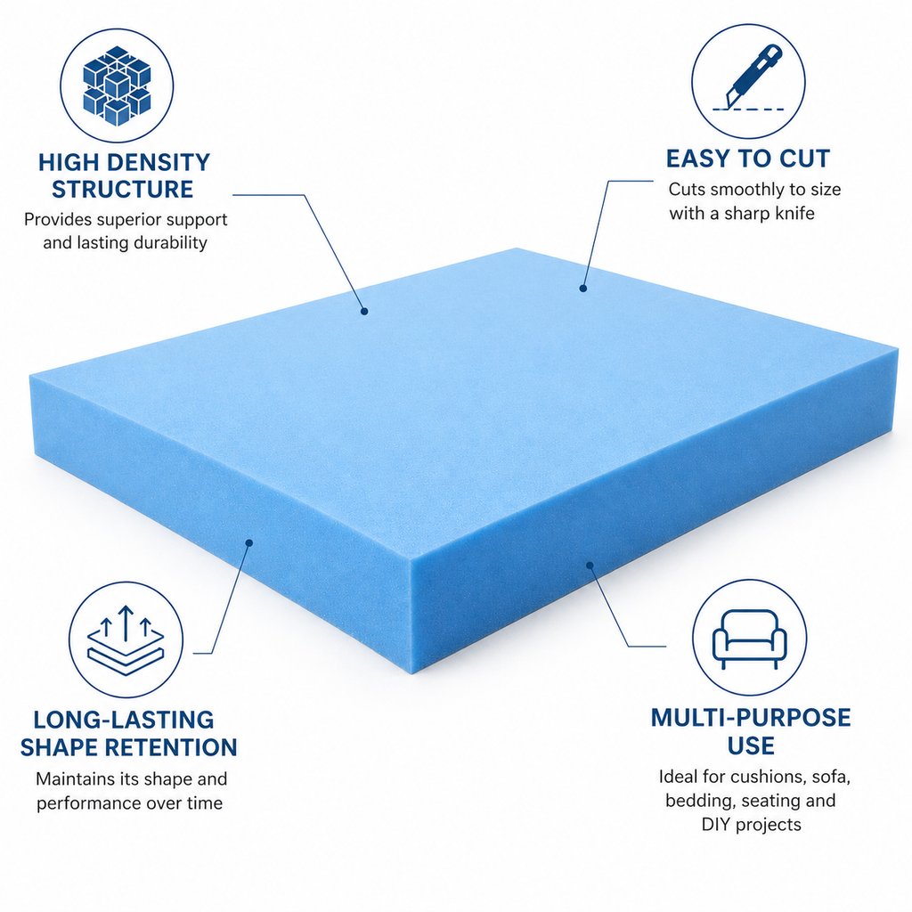 High Density Blue Firm Upholstery Foam Sheet – Firm Cushion Foam for Sofas, Seats, Beds, Campervans & DIY Upholstery
