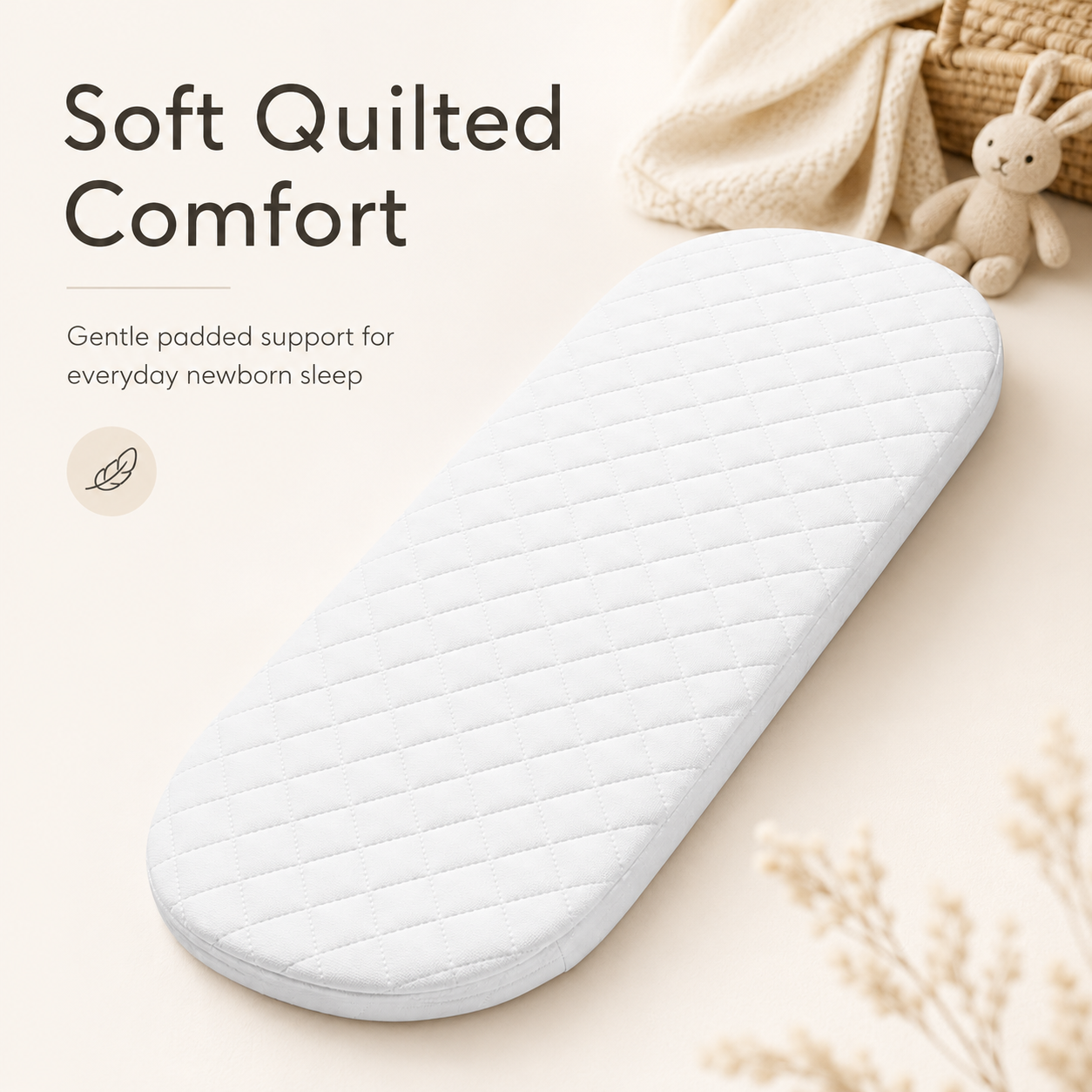 Baby Moses Basket Mattress, Quilted Hypoallergenic Baby Mattress with Breathable Fabric, Easy Clean Cover, Soft Supportive Mattress for Most Standard Moses Basket