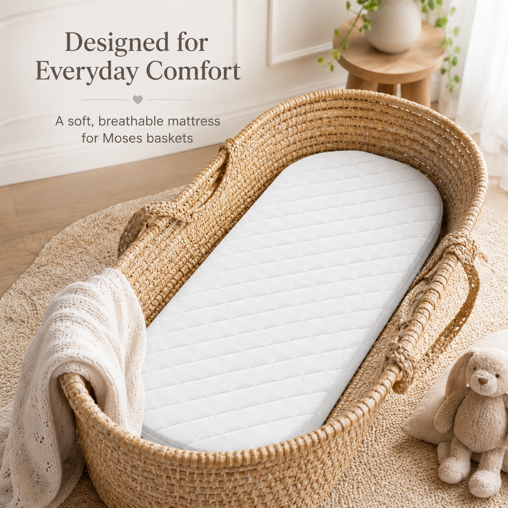 Baby Moses Basket Mattress, Quilted Hypoallergenic Baby Mattress with Breathable Fabric, Easy Clean Cover, Soft Supportive Mattress for Most Standard Moses Basket