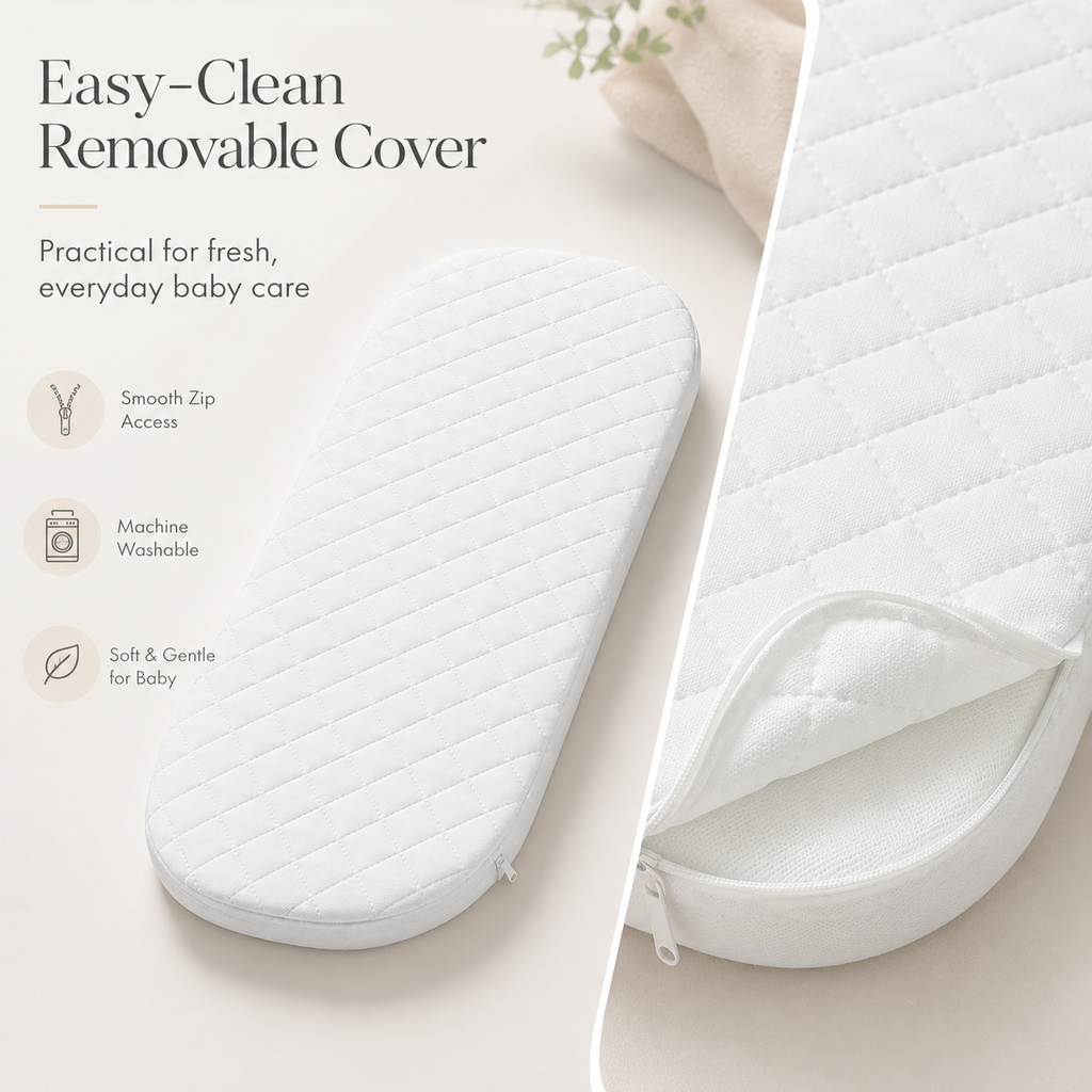 Baby Moses Basket Mattress, Quilted Hypoallergenic Baby Mattress with Breathable Fabric, Easy Clean Cover, Soft Supportive Mattress for Most Standard Moses Basket