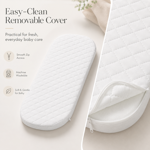 Baby Moses Basket Mattress, Quilted Hypoallergenic Baby Mattress with Breathable Fabric, Easy Clean Cover, Soft Supportive Mattress for Most Standard Moses Basket