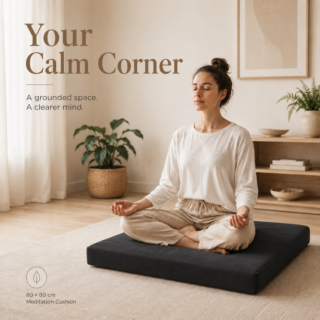 Large Meditation Cushion 80 x 80 cm – Thick Square Floor Cushion for Yoga, Relaxation & Home Seating – Brown
