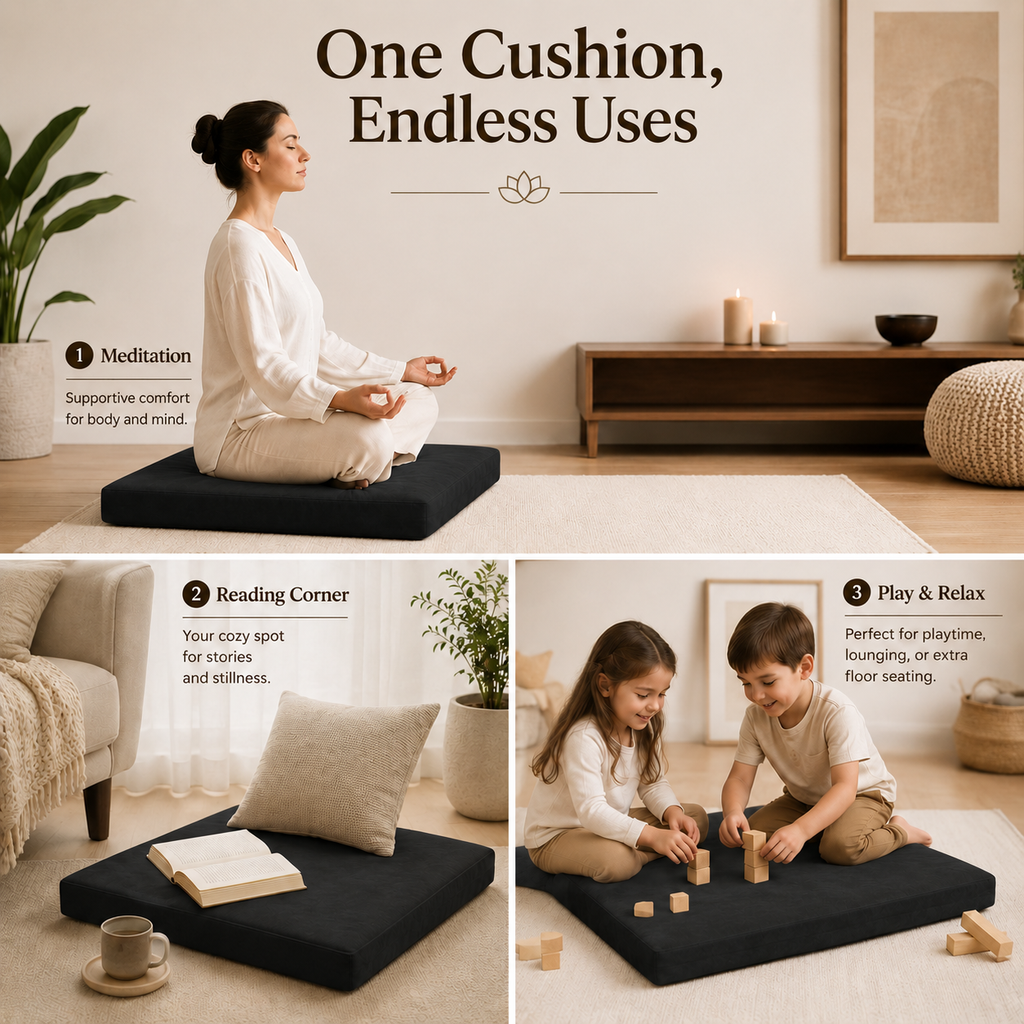 Large Meditation Cushion 80 x 80 cm – Thick Square Floor Cushion for Yoga, Relaxation & Home Seating – Brown
