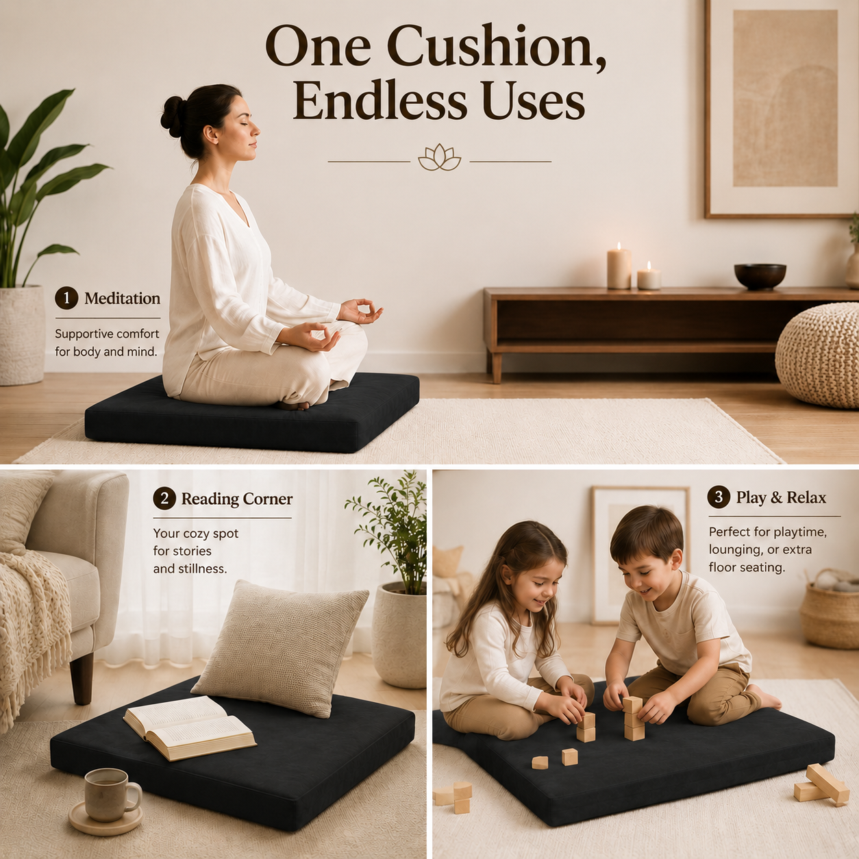 Large Meditation Cushion 80 x 80 cm – Thick Square Floor Cushion for Yoga, Relaxation & Home Seating – Brown