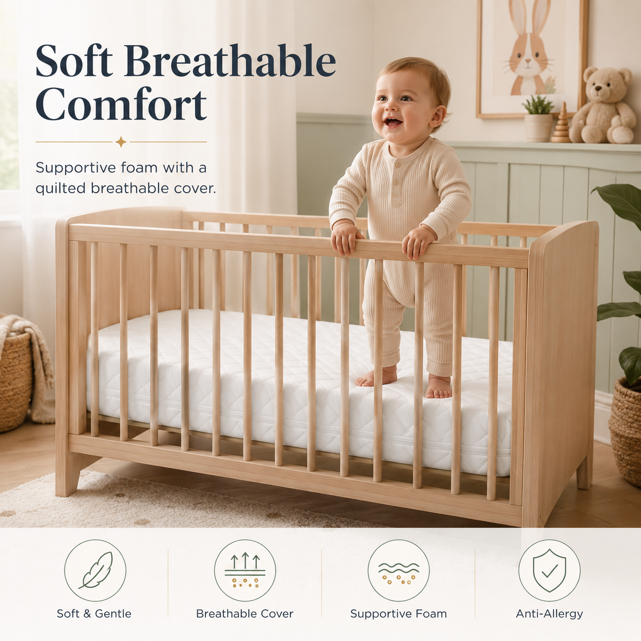 Children Cot Bed Mattress with Anti-Allergy Quilted Breathable Cover – Waterproof, Extra Thick, Double Sided, Removable Zip Cover, Made in UK