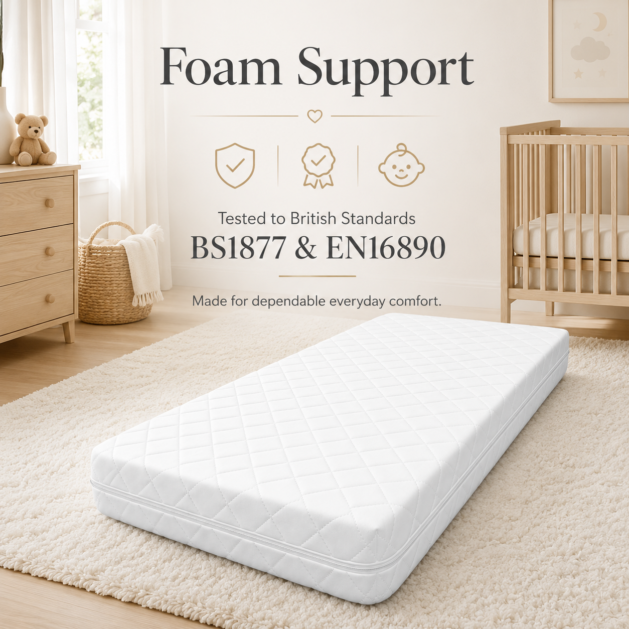 Children Cot Bed Mattress with Anti-Allergy Quilted Breathable Cover – Waterproof, Extra Thick, Double Sided, Removable Zip Cover, Made in UK