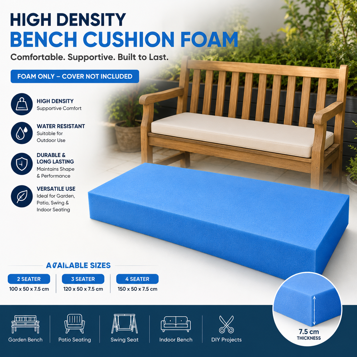 High Density Blue Firm Upholstery Foam Sheet – Firm Cushion Foam for Sofas, Seats, Beds, Campervans & DIY Upholstery